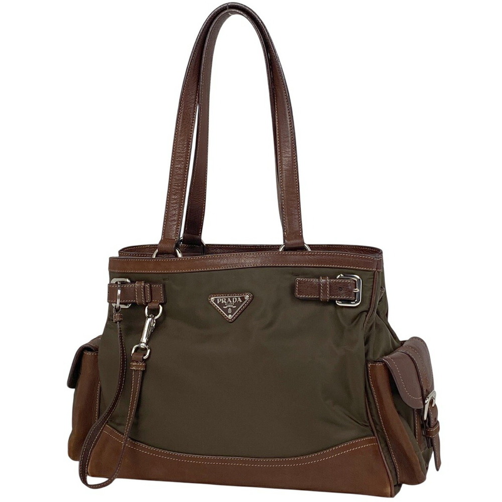 Prada Logo Plate Tote Bag Shoulder Brown
